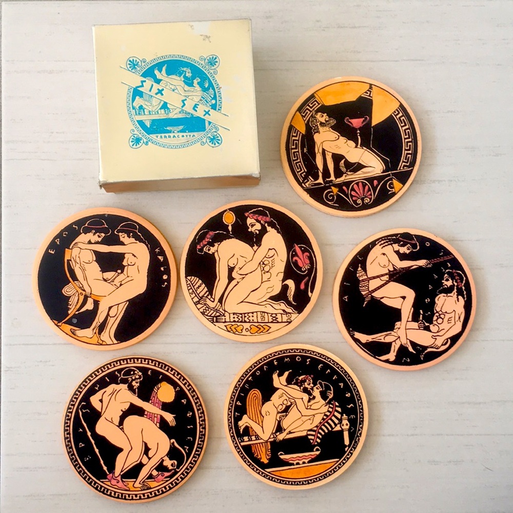 Hand Painted Erotic Ancient Greek Terracotta Coasters, Set of 6